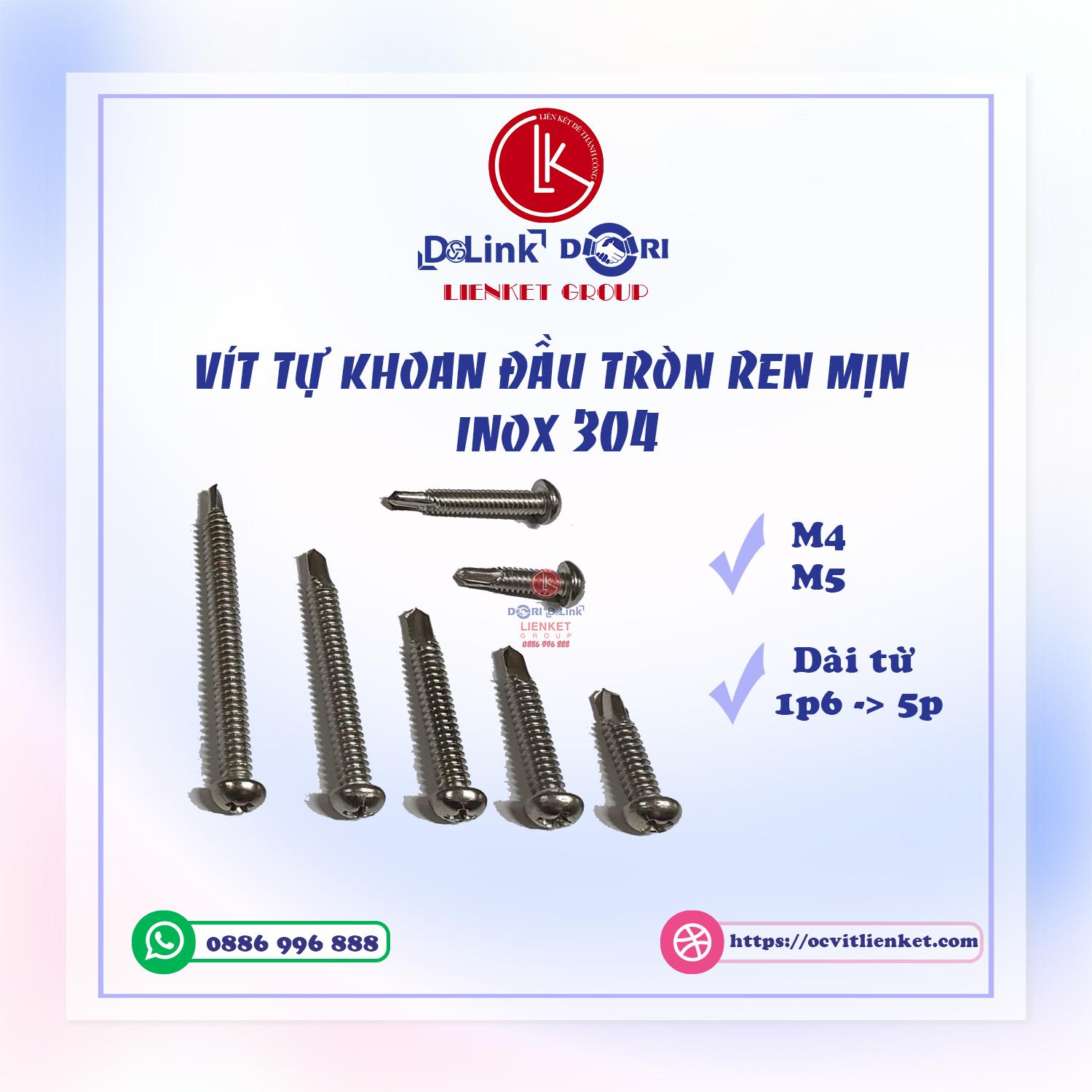 VÍT TỰ KHOAN ĐẦU TRÒN REN MỊN INOX 304 TỪ 5*20 – 5*50 BẮT BẢN LỀ, THANH GEAR