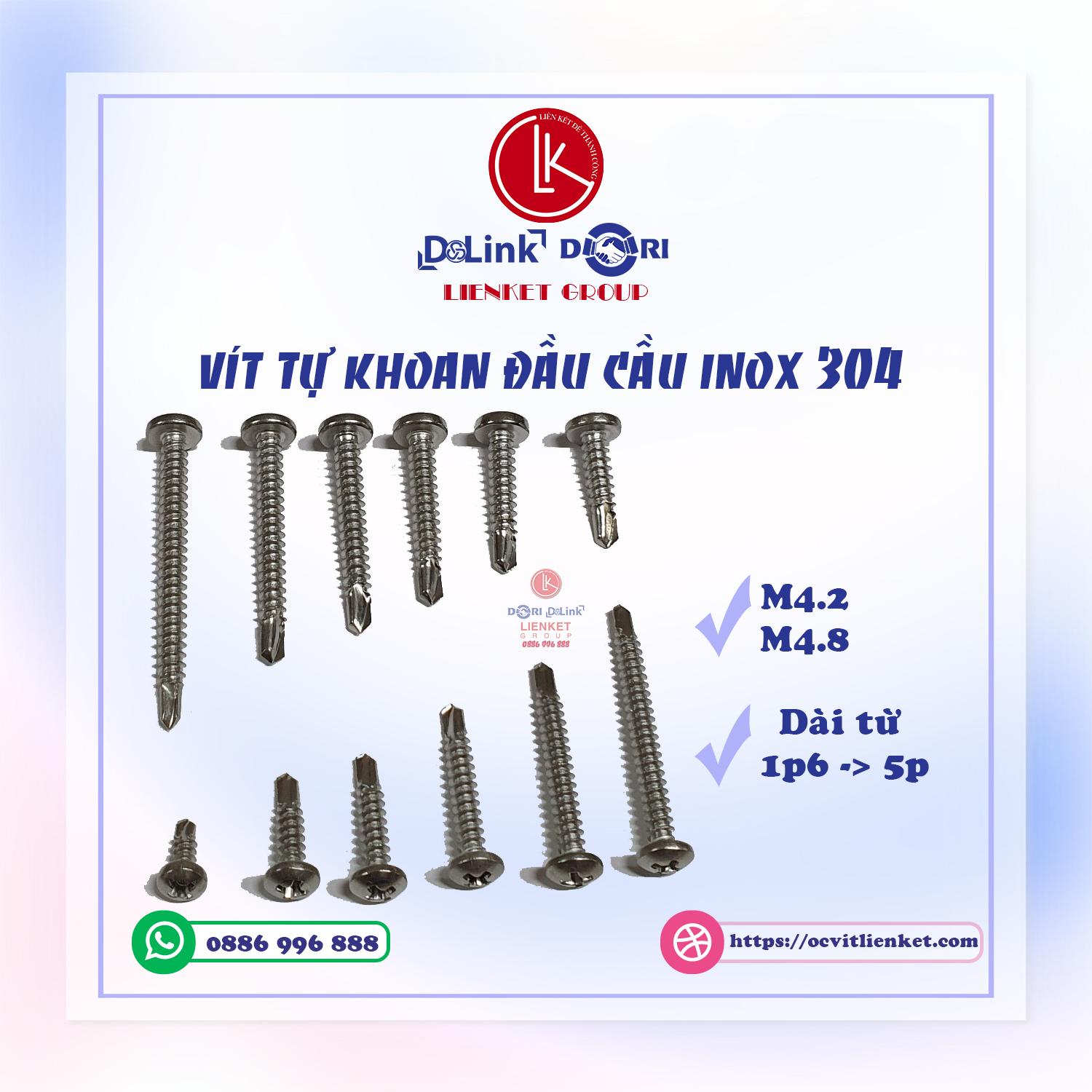 VÍT TỰ KHOAN ĐẦU CẦU  INOX304 TỪ 4.2*16 – 4.2*40 – TỪ 4.8*15 – 4.8*50 BẮT BẢN LỀ CHỮ A, THANH GAER